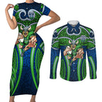 Canberra Raiders Rugby Couples Matching Short Sleeve Bodycon Dress and Long Sleeve Button Shirt Polynesian Tribal Viking Warrior Green Blue Pattern