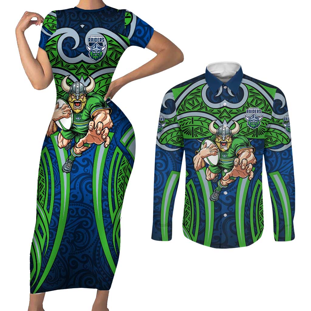 Canberra Raiders Rugby Couples Matching Short Sleeve Bodycon Dress and Long Sleeve Button Shirt Polynesian Tribal Viking Warrior Green Blue Pattern