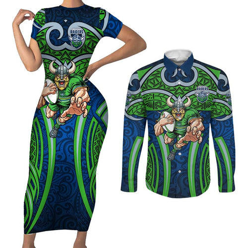 Canberra Raiders Rugby Couples Matching Short Sleeve Bodycon Dress and Long Sleeve Button Shirt Polynesian Tribal Viking Warrior Green Blue Pattern