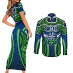 Canberra Raiders Rugby Couples Matching Short Sleeve Bodycon Dress and Long Sleeve Button Shirt Polynesian Tribal Viking Warrior Green Blue Pattern