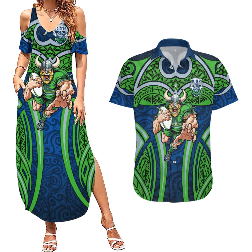 Canberra Raiders Rugby Couples Matching Summer Maxi Dress and Hawaiian Shirt Polynesian Tribal Viking Warrior Green Blue Pattern