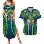 Canberra Raiders Rugby Couples Matching Summer Maxi Dress and Hawaiian Shirt Polynesian Tribal Viking Warrior Green Blue Pattern
