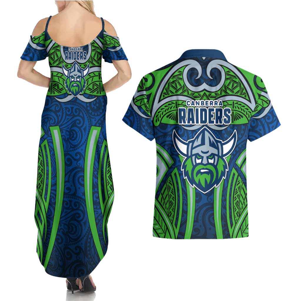 Canberra Raiders Rugby Couples Matching Summer Maxi Dress and Hawaiian Shirt Polynesian Tribal Viking Warrior Green Blue Pattern
