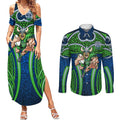 Canberra Raiders Rugby Couples Matching Summer Maxi Dress and Long Sleeve Button Shirt Polynesian Tribal Viking Warrior Green Blue Pattern