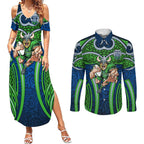 Canberra Raiders Rugby Couples Matching Summer Maxi Dress and Long Sleeve Button Shirt Polynesian Tribal Viking Warrior Green Blue Pattern