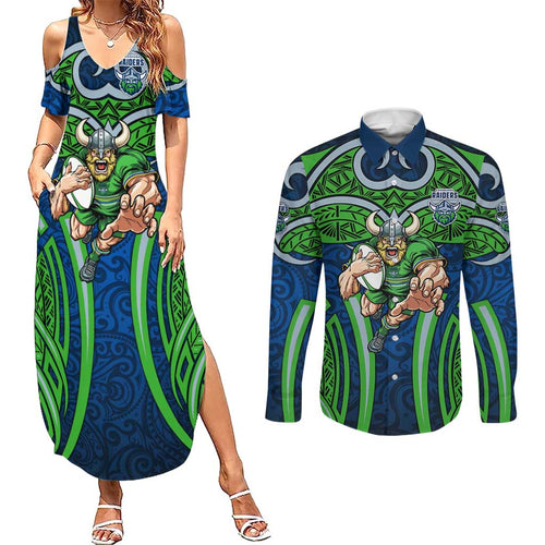 Canberra Raiders Rugby Couples Matching Summer Maxi Dress and Long Sleeve Button Shirt Polynesian Tribal Viking Warrior Green Blue Pattern