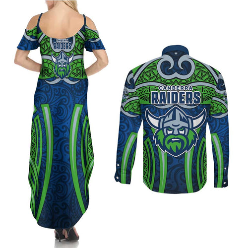 Canberra Raiders Rugby Couples Matching Summer Maxi Dress and Long Sleeve Button Shirt Polynesian Tribal Viking Warrior Green Blue Pattern