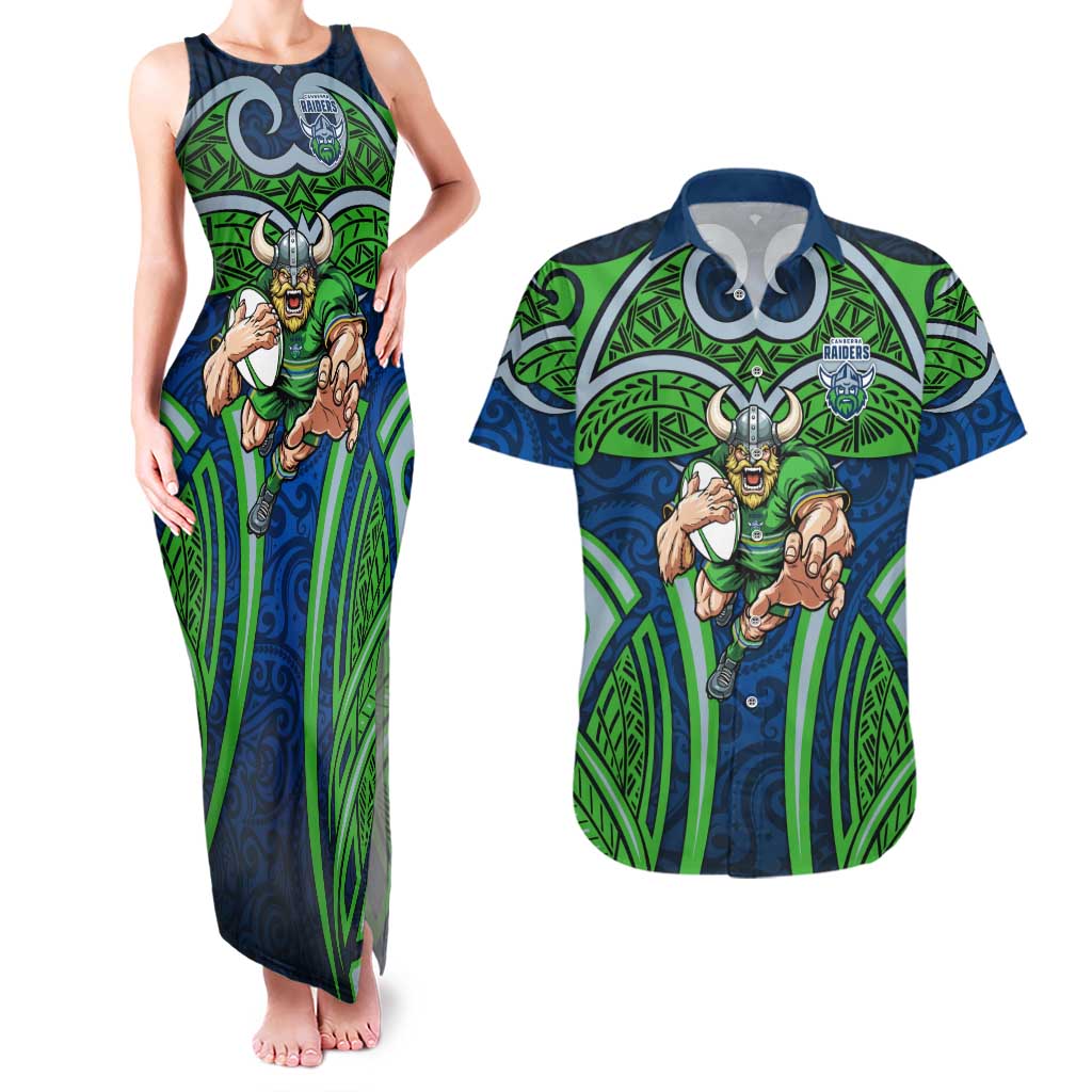 Canberra Raiders Rugby Couples Matching Tank Maxi Dress and Hawaiian Shirt Polynesian Tribal Viking Warrior Green Blue Pattern