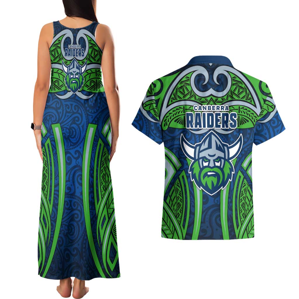 Canberra Raiders Rugby Couples Matching Tank Maxi Dress and Hawaiian Shirt Polynesian Tribal Viking Warrior Green Blue Pattern