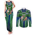 Canberra Raiders Rugby Couples Matching Tank Maxi Dress and Long Sleeve Button Shirt Polynesian Tribal Viking Warrior Green Blue Pattern