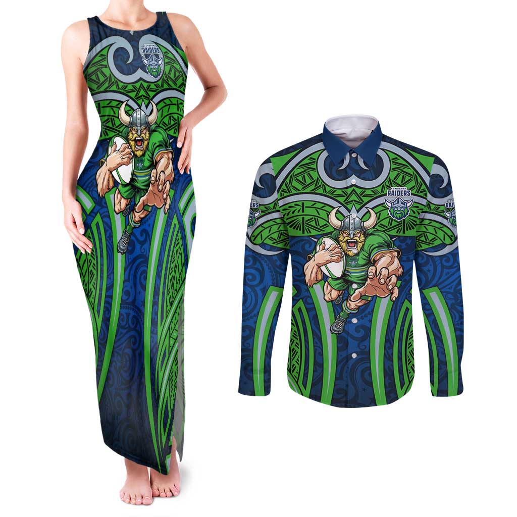 Canberra Raiders Rugby Couples Matching Tank Maxi Dress and Long Sleeve Button Shirt Polynesian Tribal Viking Warrior Green Blue Pattern