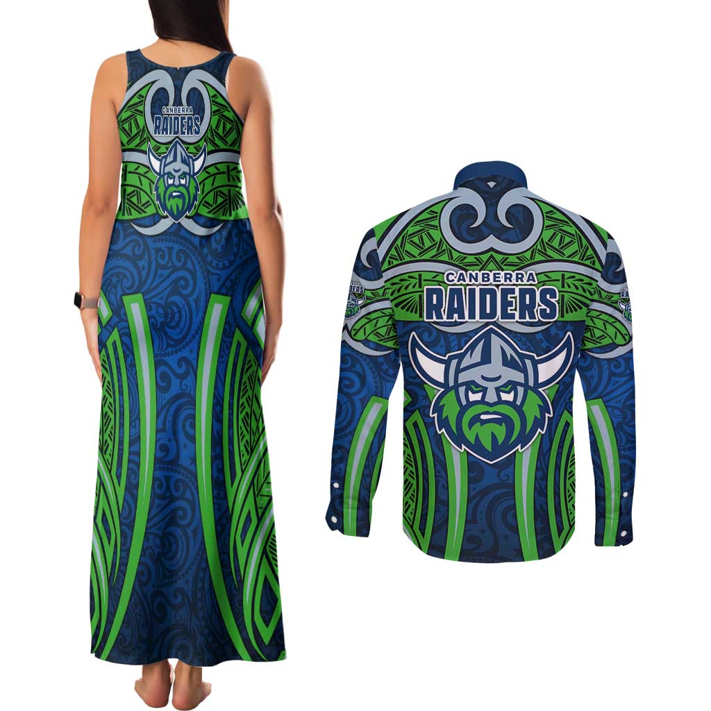 Canberra Raiders Rugby Couples Matching Tank Maxi Dress and Long Sleeve Button Shirt Polynesian Tribal Viking Warrior Green Blue Pattern