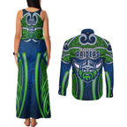 Canberra Raiders Rugby Couples Matching Tank Maxi Dress and Long Sleeve Button Shirt Polynesian Tribal Viking Warrior Green Blue Pattern