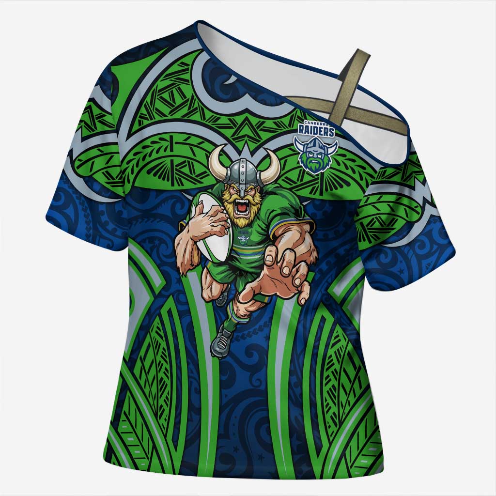 Canberra Raiders Rugby Cross Shoulder Shirt Polynesian Tribal Viking Warrior Green Blue Pattern