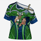 Canberra Raiders Rugby Cross Shoulder Shirt Polynesian Tribal Viking Warrior Green Blue Pattern