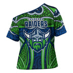 Canberra Raiders Rugby Cross Shoulder Shirt Polynesian Tribal Viking Warrior Green Blue Pattern