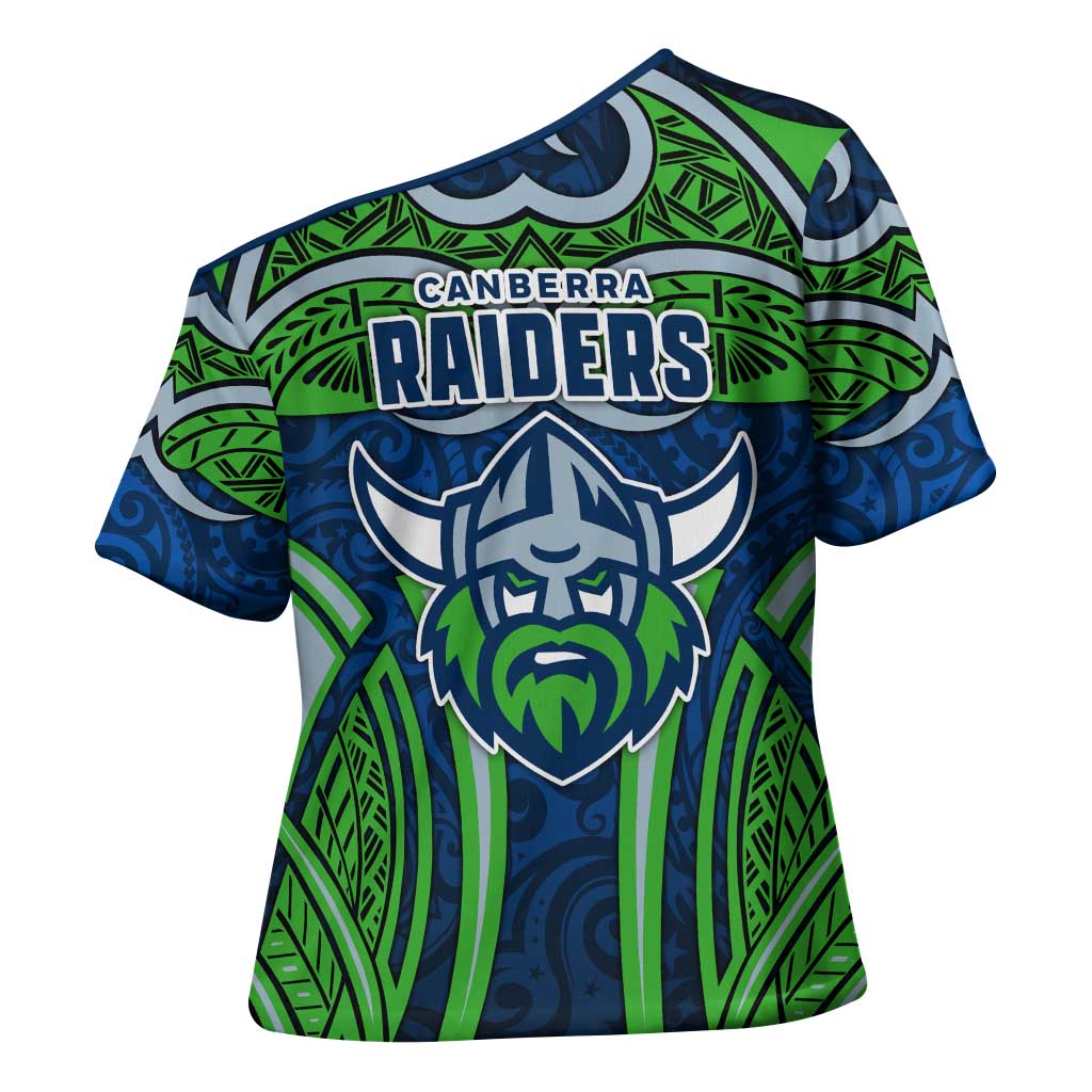 Canberra Raiders Rugby Cross Shoulder Shirt Polynesian Tribal Viking Warrior Green Blue Pattern