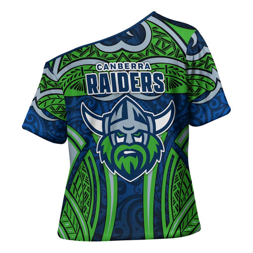 Canberra Raiders Rugby Cross Shoulder Shirt Polynesian Tribal Viking Warrior Green Blue Pattern