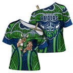 Canberra Raiders Rugby Cross Shoulder Shirt Polynesian Tribal Viking Warrior Green Blue Pattern