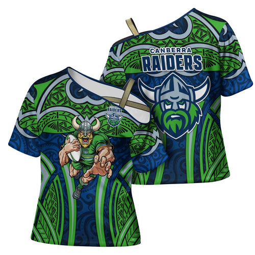 Canberra Raiders Rugby Cross Shoulder Shirt Polynesian Tribal Viking Warrior Green Blue Pattern