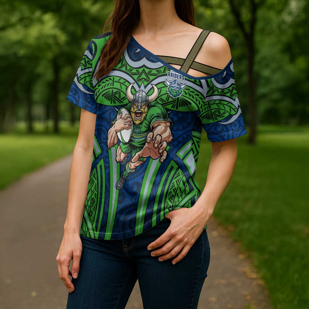 Canberra Raiders Rugby Cross Shoulder Shirt Polynesian Tribal Viking Warrior Green Blue Pattern