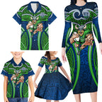 Canberra Raiders Rugby Family Matching Long Sleeve Bodycon Dress and Hawaiian Shirt Polynesian Tribal Viking Warrior Green Blue Pattern