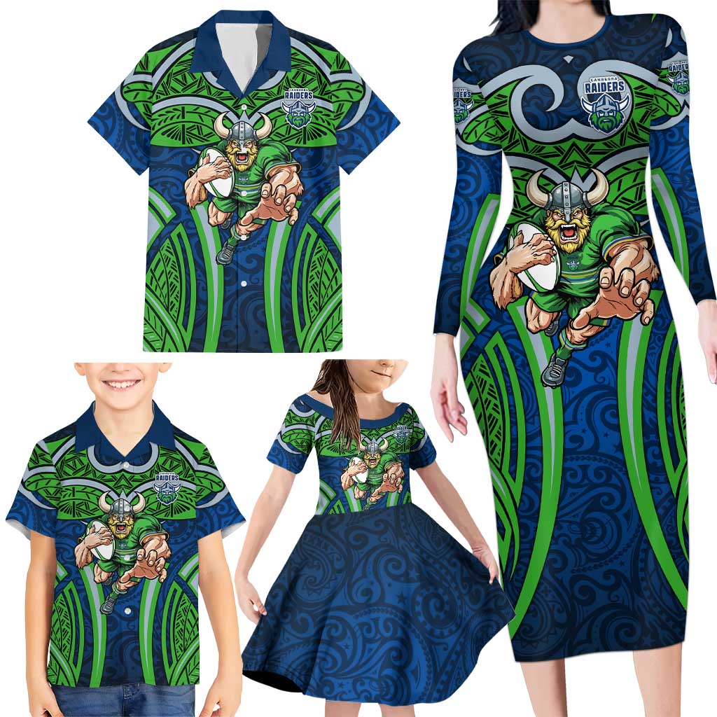 Canberra Raiders Rugby Family Matching Long Sleeve Bodycon Dress and Hawaiian Shirt Polynesian Tribal Viking Warrior Green Blue Pattern