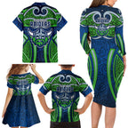 Canberra Raiders Rugby Family Matching Long Sleeve Bodycon Dress and Hawaiian Shirt Polynesian Tribal Viking Warrior Green Blue Pattern