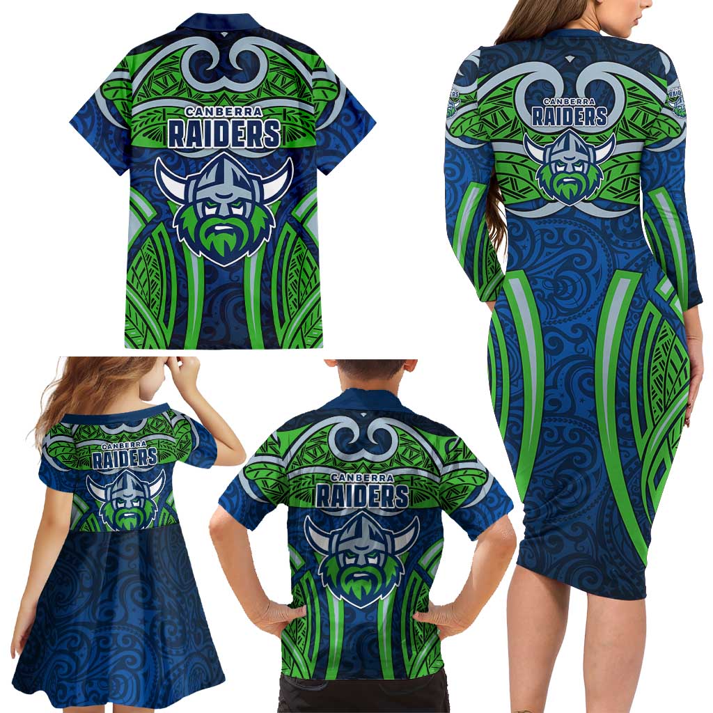 Canberra Raiders Rugby Family Matching Long Sleeve Bodycon Dress and Hawaiian Shirt Polynesian Tribal Viking Warrior Green Blue Pattern
