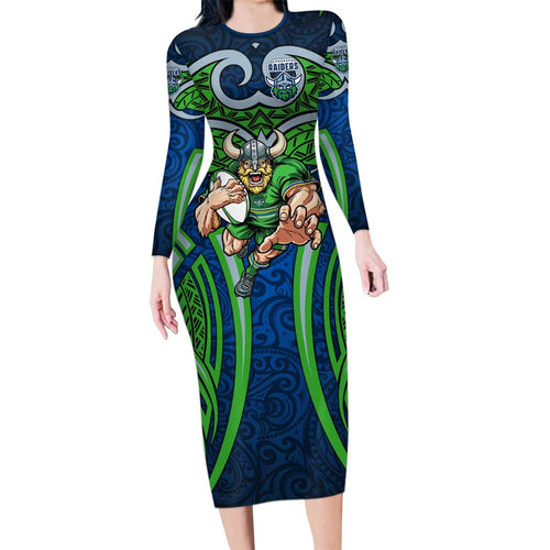 Canberra Raiders Rugby Family Matching Long Sleeve Bodycon Dress and Hawaiian Shirt Polynesian Tribal Viking Warrior Green Blue Pattern