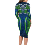 Canberra Raiders Rugby Family Matching Long Sleeve Bodycon Dress and Hawaiian Shirt Polynesian Tribal Viking Warrior Green Blue Pattern