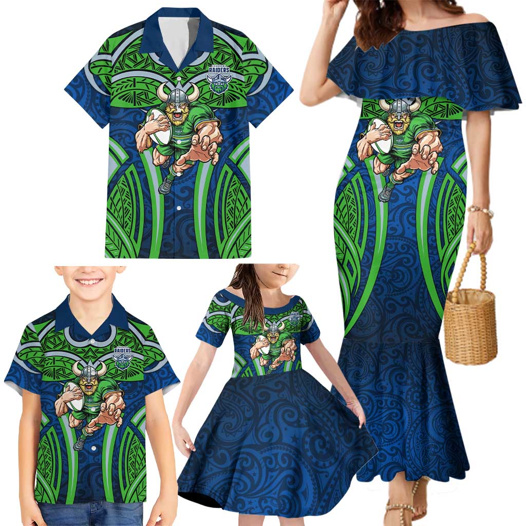 Canberra Raiders Rugby Family Matching Mermaid Dress and Hawaiian Shirt Polynesian Tribal Viking Warrior Green Blue Pattern