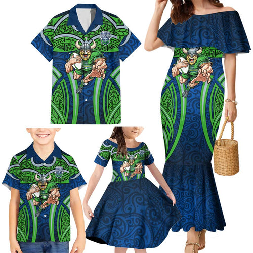 Canberra Raiders Rugby Family Matching Mermaid Dress and Hawaiian Shirt Polynesian Tribal Viking Warrior Green Blue Pattern