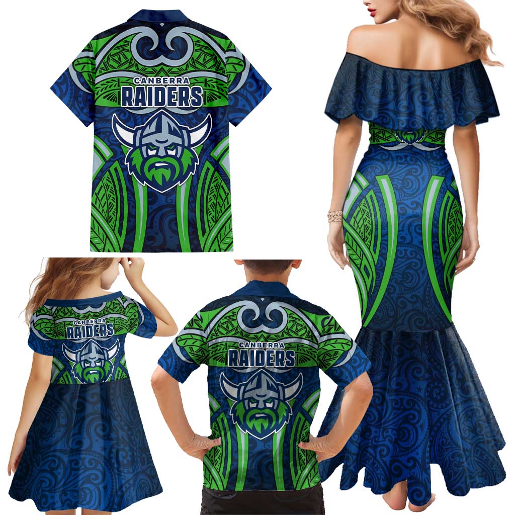Canberra Raiders Rugby Family Matching Mermaid Dress and Hawaiian Shirt Polynesian Tribal Viking Warrior Green Blue Pattern