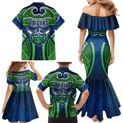 Canberra Raiders Rugby Family Matching Mermaid Dress and Hawaiian Shirt Polynesian Tribal Viking Warrior Green Blue Pattern