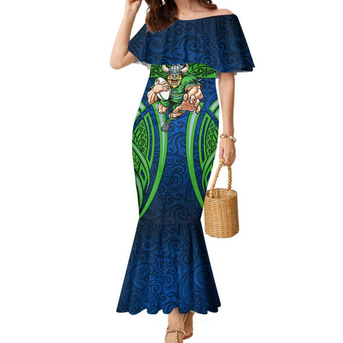 Canberra Raiders Rugby Family Matching Mermaid Dress and Hawaiian Shirt Polynesian Tribal Viking Warrior Green Blue Pattern
