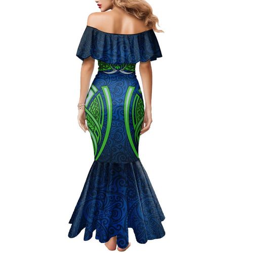 Canberra Raiders Rugby Family Matching Mermaid Dress and Hawaiian Shirt Polynesian Tribal Viking Warrior Green Blue Pattern