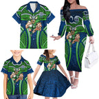 Canberra Raiders Rugby Family Matching Off The Shoulder Long Sleeve Dress and Hawaiian Shirt Polynesian Tribal Viking Warrior Green Blue Pattern