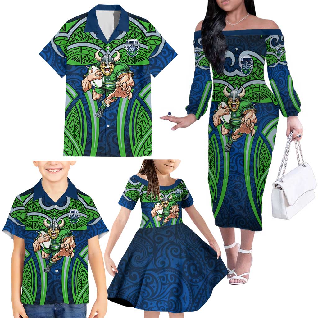 Canberra Raiders Rugby Family Matching Off The Shoulder Long Sleeve Dress and Hawaiian Shirt Polynesian Tribal Viking Warrior Green Blue Pattern