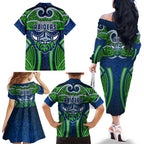 Canberra Raiders Rugby Family Matching Off The Shoulder Long Sleeve Dress and Hawaiian Shirt Polynesian Tribal Viking Warrior Green Blue Pattern