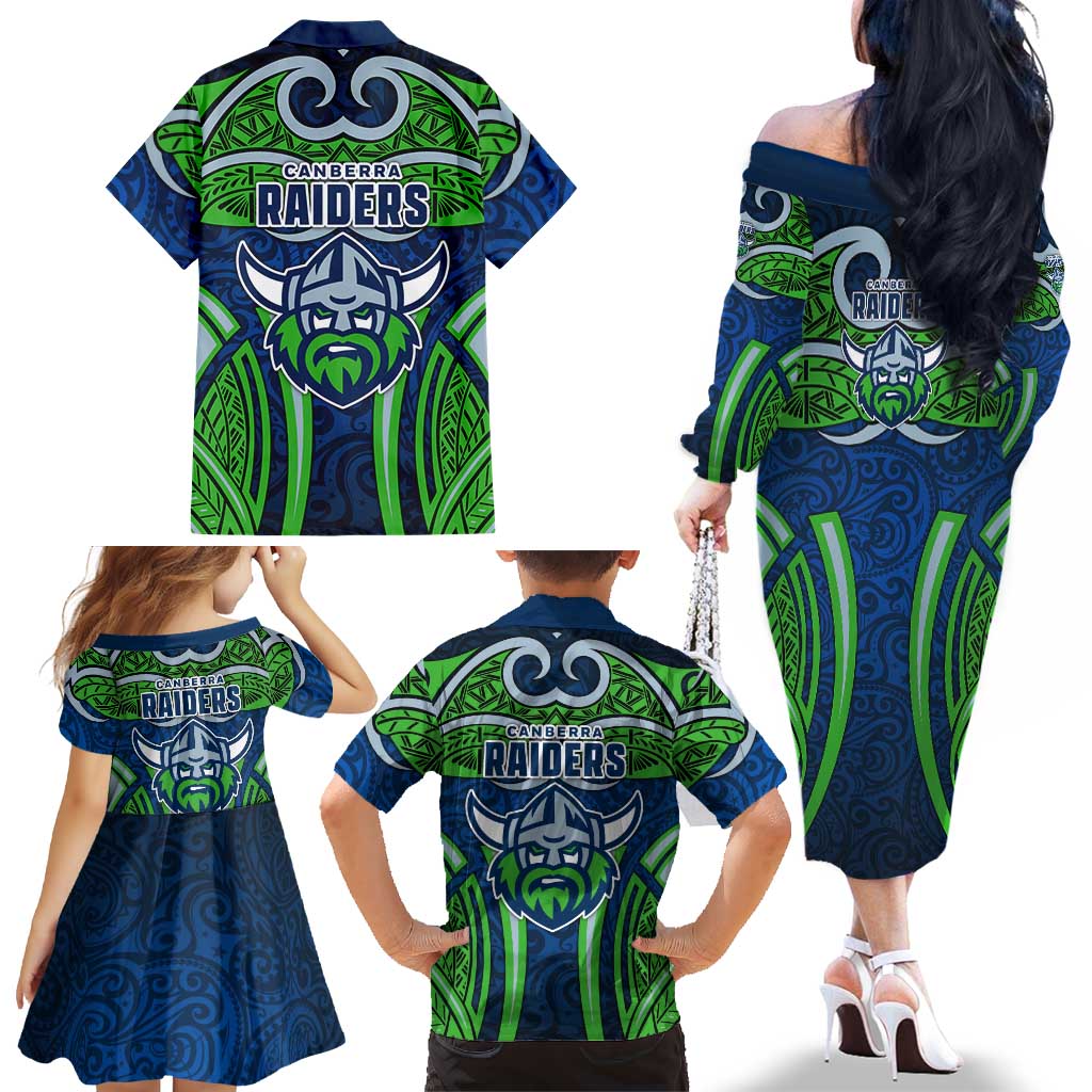 Canberra Raiders Rugby Family Matching Off The Shoulder Long Sleeve Dress and Hawaiian Shirt Polynesian Tribal Viking Warrior Green Blue Pattern