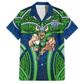 Canberra Raiders Rugby Family Matching Off The Shoulder Long Sleeve Dress and Hawaiian Shirt Polynesian Tribal Viking Warrior Green Blue Pattern