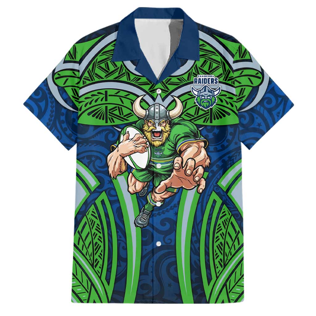 Canberra Raiders Rugby Family Matching Off The Shoulder Long Sleeve Dress and Hawaiian Shirt Polynesian Tribal Viking Warrior Green Blue Pattern