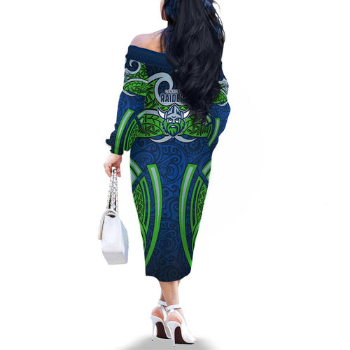 Canberra Raiders Rugby Family Matching Off The Shoulder Long Sleeve Dress and Hawaiian Shirt Polynesian Tribal Viking Warrior Green Blue Pattern