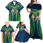 Canberra Raiders Rugby Family Matching Off Shoulder Maxi Dress and Hawaiian Shirt Polynesian Tribal Viking Warrior Green Blue Pattern