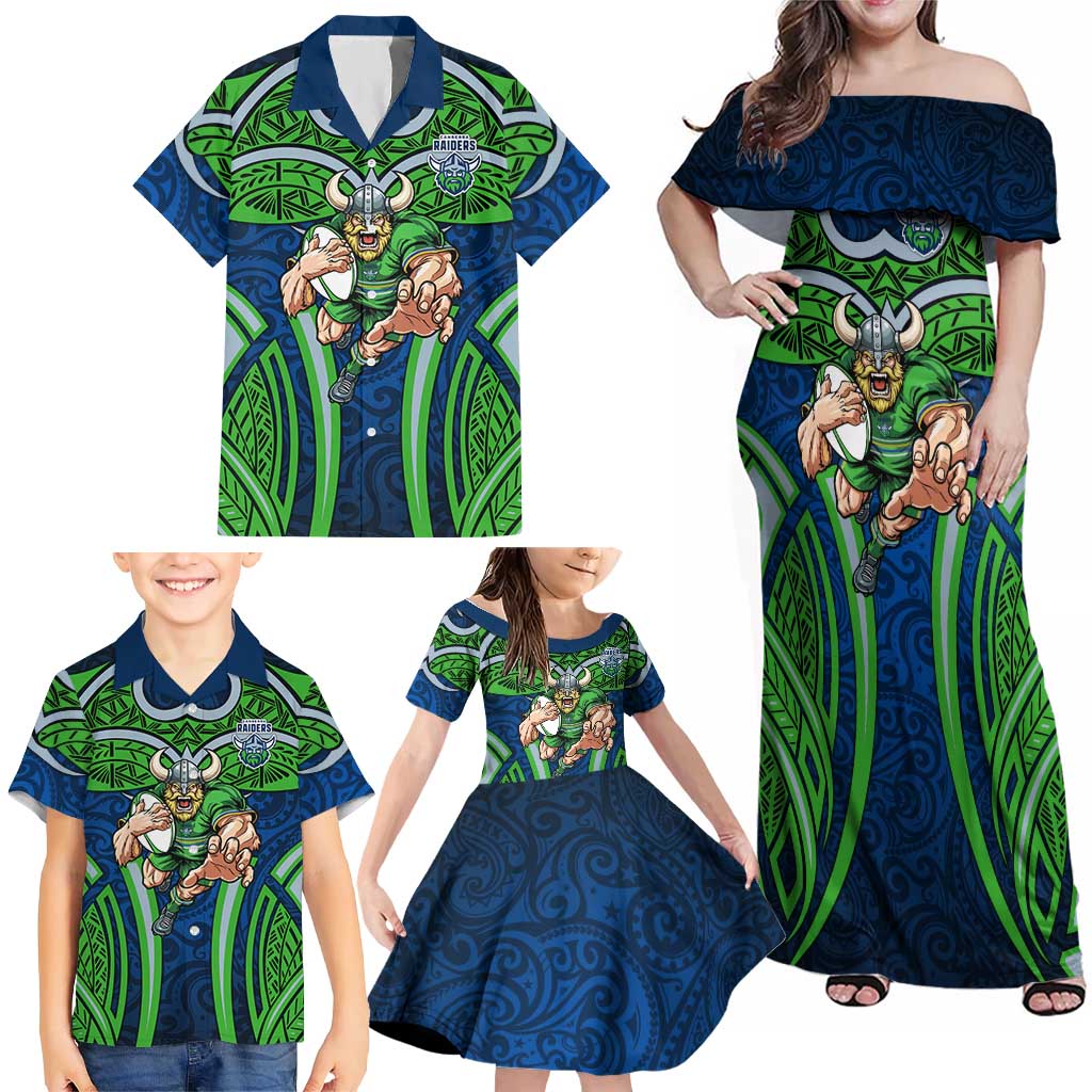 Canberra Raiders Rugby Family Matching Off Shoulder Maxi Dress and Hawaiian Shirt Polynesian Tribal Viking Warrior Green Blue Pattern