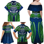 Canberra Raiders Rugby Family Matching Off Shoulder Maxi Dress and Hawaiian Shirt Polynesian Tribal Viking Warrior Green Blue Pattern