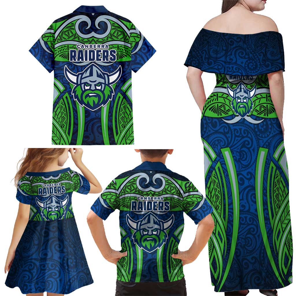 Canberra Raiders Rugby Family Matching Off Shoulder Maxi Dress and Hawaiian Shirt Polynesian Tribal Viking Warrior Green Blue Pattern