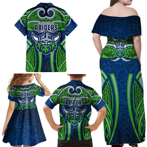 Canberra Raiders Rugby Family Matching Off Shoulder Maxi Dress and Hawaiian Shirt Polynesian Tribal Viking Warrior Green Blue Pattern