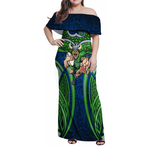 Canberra Raiders Rugby Family Matching Off Shoulder Maxi Dress and Hawaiian Shirt Polynesian Tribal Viking Warrior Green Blue Pattern